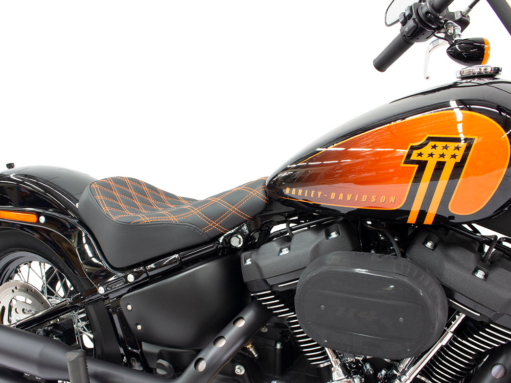 Renegade LS Solo Seat with Orange Double Diamond Lattice Stitch. Fits Softail Street Bob 2018up & Standard 2020up.