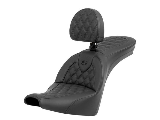 Roadsofa LS Dual Seat With Backrest & with Black Double Diamond Lattice Stitch. Fits Softail Street Bob 2018up & Standard 2020-2024