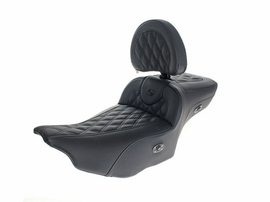 Heated Roadsofa LS Dual Seat With Backrest & Black Double Diamond Lattice Stitch. Fits CVO Touring 2023up, Street Glide & Road Glide 2024up, Touring 2025up