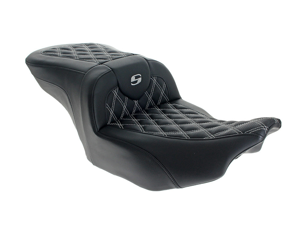 Roadsofa LS Dual Seat with White Double Diamond Lattice Stitch. Fits CVO Touring 2023up, Street Glide & Road Glide 2024up, Touring 2025up