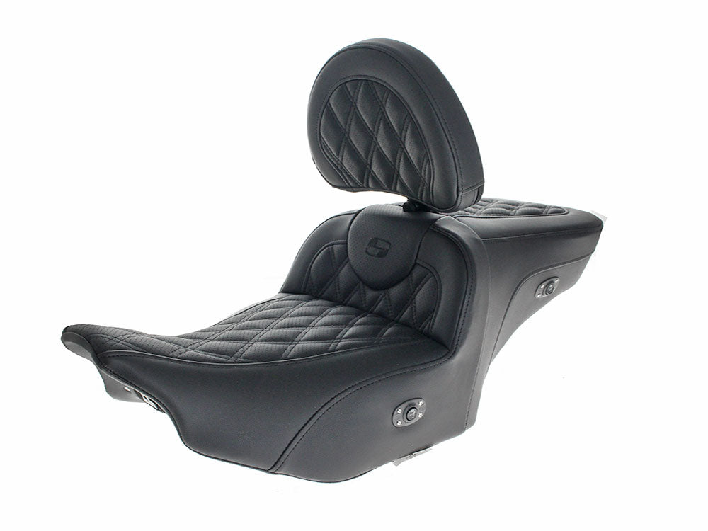 Heated, Extended Roadsofa LS Dual Seat With Backrest & Black Double Diamond Lattice Stitch. Fits CVO Touring 2023up, Street Glide & Road Glide 2024up, Touring 2025up