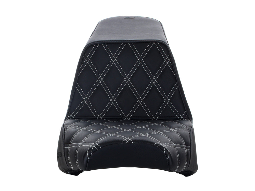 Step-Up LS Dual Seat with Silver Double Diamond Lattice Stitch. Fits Scout Bobber 2018-2024