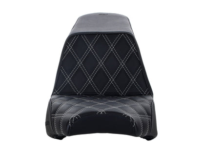 Step-Up LS Dual Seat with Silver Double Diamond Lattice Stitch. Fits Scout Bobber 2018-2024