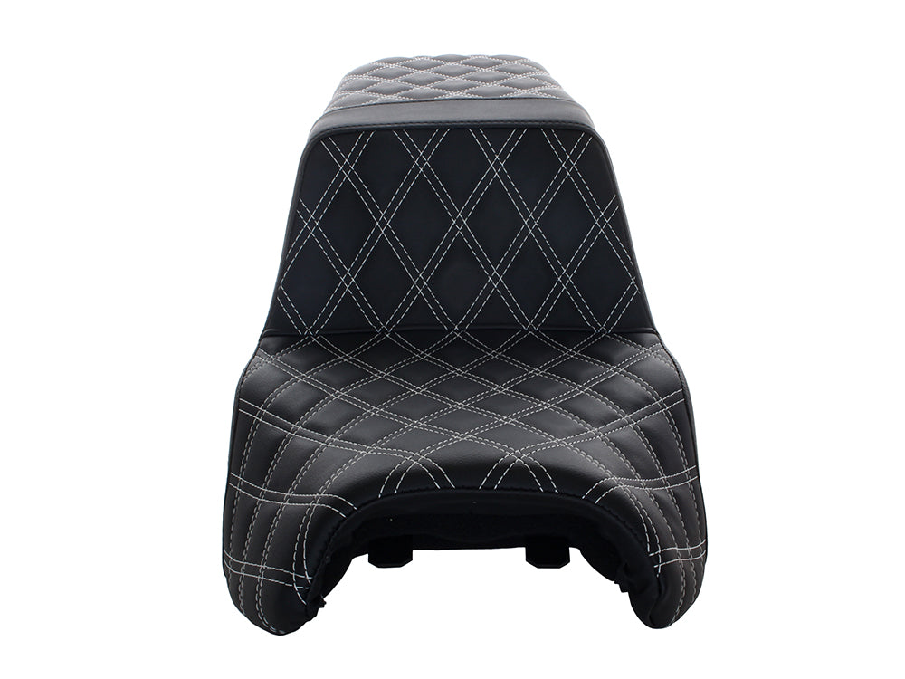 Step-Up LS Dual Seat with White Double Diamond Lattice Stitch Front & Rear. Fits Indian Challenger 2020up.