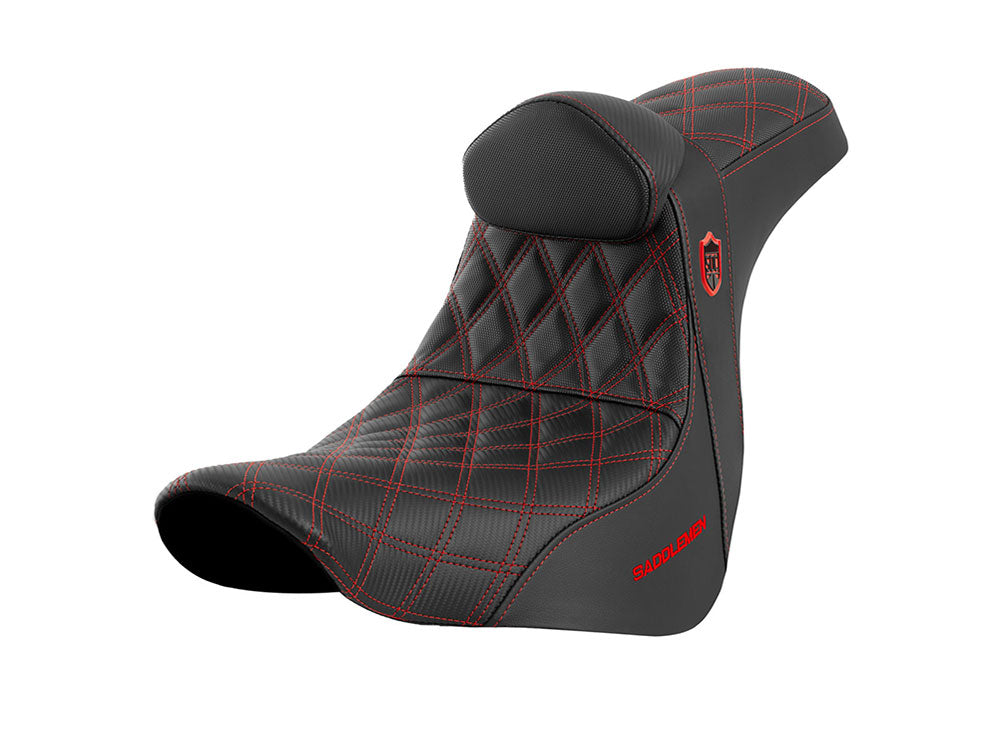 Pro Series San Diego Customs Performance Gripper Dual Seat with Backrest & Red Stitch. Fits Sport Glide & Low Rider 2018up, Low Rider S 2020up & Low Rider ST 2022up