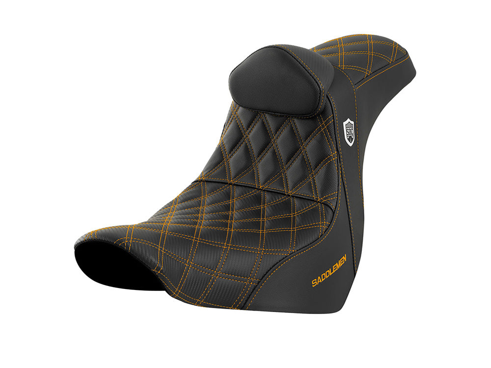 Pro Series San Diego Customs Performance Gripper Dual Seat with Backrest & Gold Stitch. Fits Sport Glide & Low Rider 2018up, Low Rider S 2020up & Low Rider ST 2022up