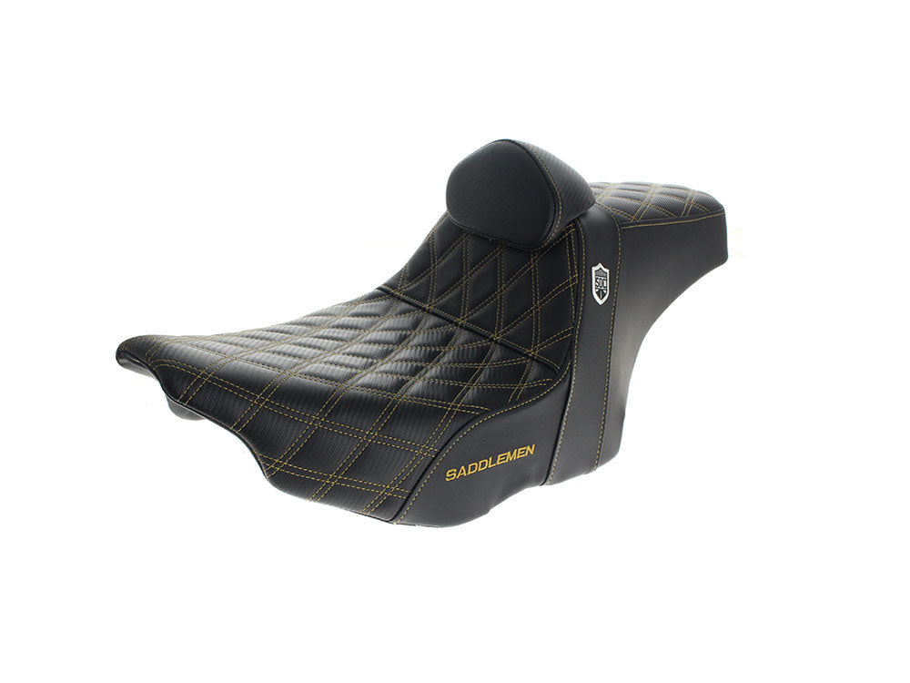Step-Up San Diego Customs Pro Series Gripper Dual Seat With Backrest & Gold Stitch. Fits CVO Touring 2023up, Street Glide & Road Glide 2024up, Touring 2025up