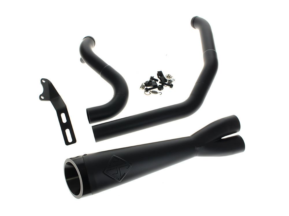 2-into-1 Cutback Exhaust - Black with Black End Cap. Fits Softail 2018up Non-240 Rear Tyre Models.