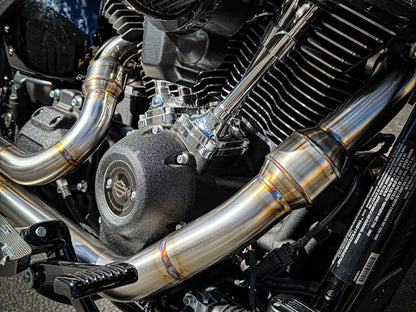 2-into-1 Elsinore Mid Length Exhaust With ProFlo Headers - Stainless Steel. Fits Softail 2018up Non-240 Rear Tyre Models