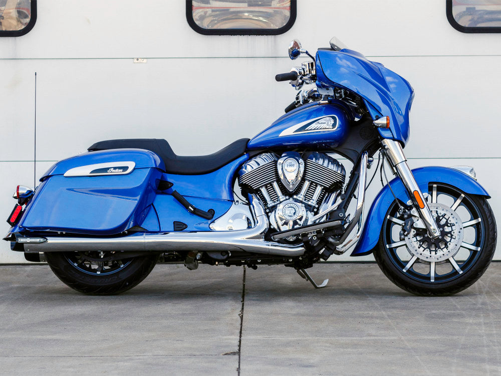 Broadhead 4in. Slip-On Mufflers - Chrome with Black End Caps. Fits Indian Big Twin 2014up with Hard Saddle Bags.