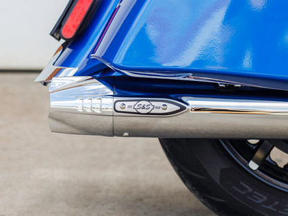 Fishtail 4in. Slip-On Mufflers - Chrome with Chrome End Caps. Fits Indian Big Twin 2014up with Hard Saddle Bags.