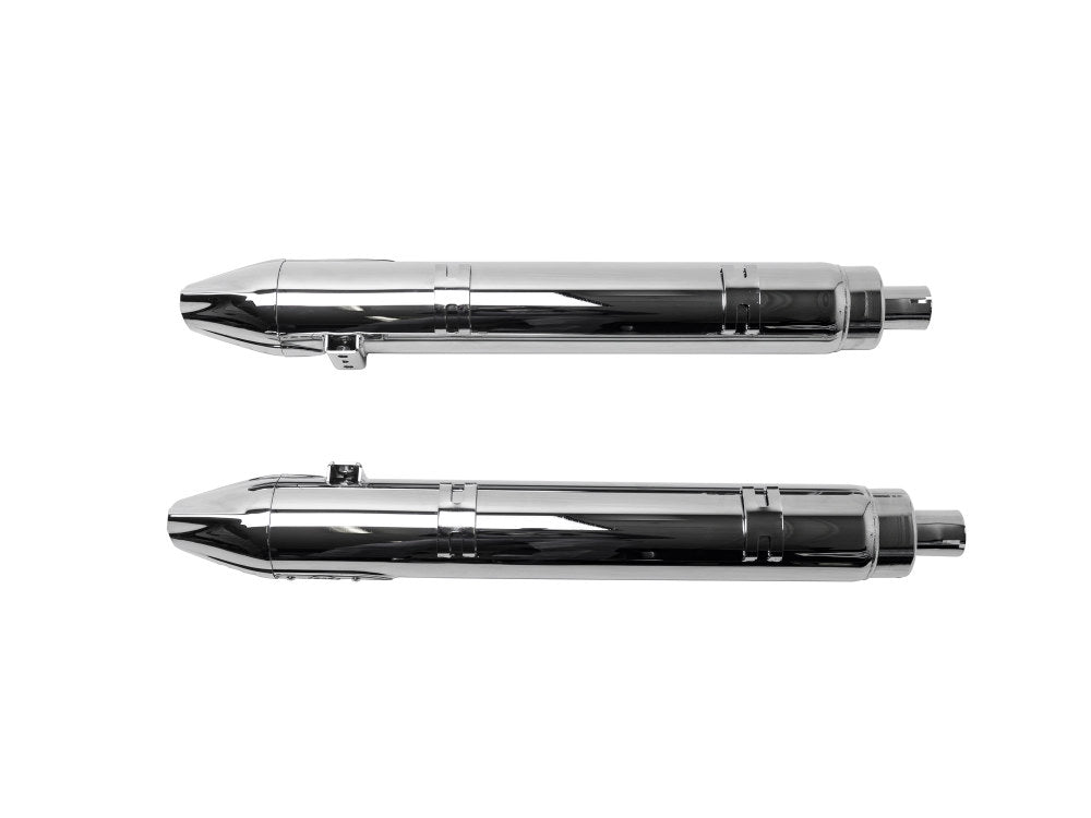 Fishtail 4in. Slip-On Mufflers - Chrome with Chrome End Caps. Fits Indian Big Twin 2014up with Hard Saddle Bags.