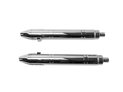 Fishtail 4in. Slip-On Mufflers - Chrome with Chrome End Caps. Fits Indian Big Twin 2014up with Hard Saddle Bags.