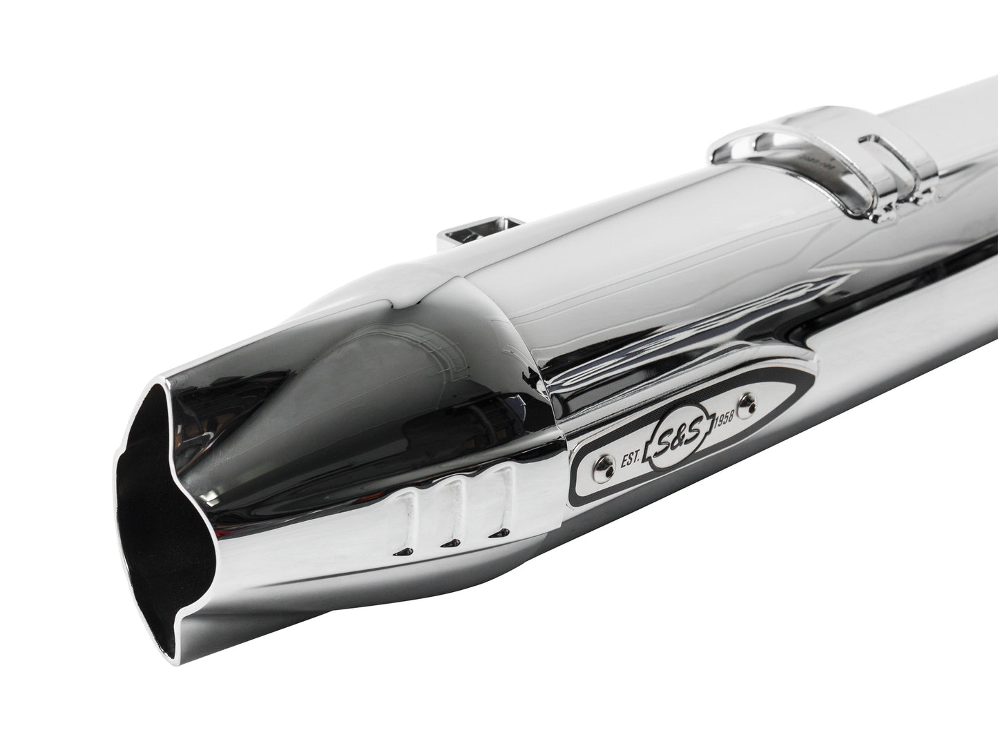 Fishtail 4in. Slip-On Mufflers - Chrome with Chrome End Caps. Fits Indian Big Twin 2014up with Hard Saddle Bags.