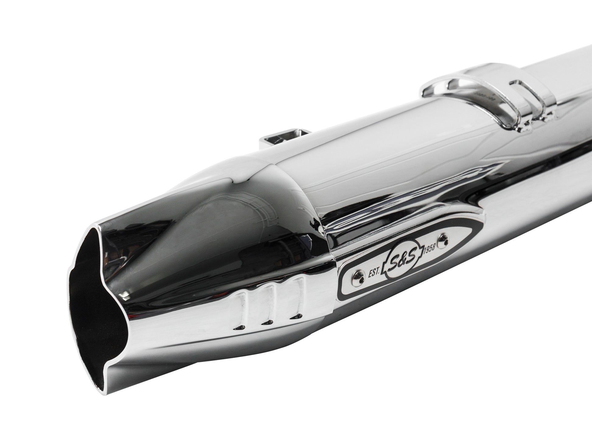 Fishtail 4in. Slip-On Mufflers - Chrome with Chrome End Caps. Fits Indian Big Twin 2014up with Hard Saddle Bags.