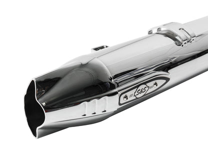 Fishtail 4in. Slip-On Mufflers - Chrome with Chrome End Caps. Fits Indian Big Twin 2014up with Hard Saddle Bags.