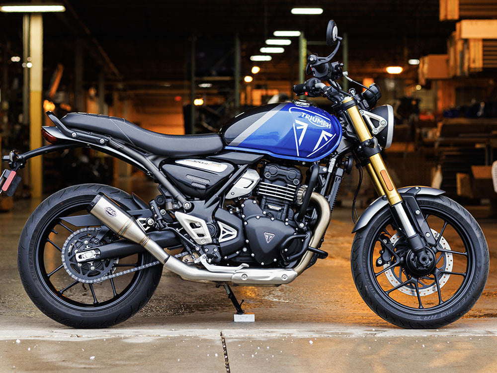 4in. Grand National Slip-On Muffler - Stainless Steel with Black End Cap. Fits Triumph Speed 400 & Scrambler 400X 2024up