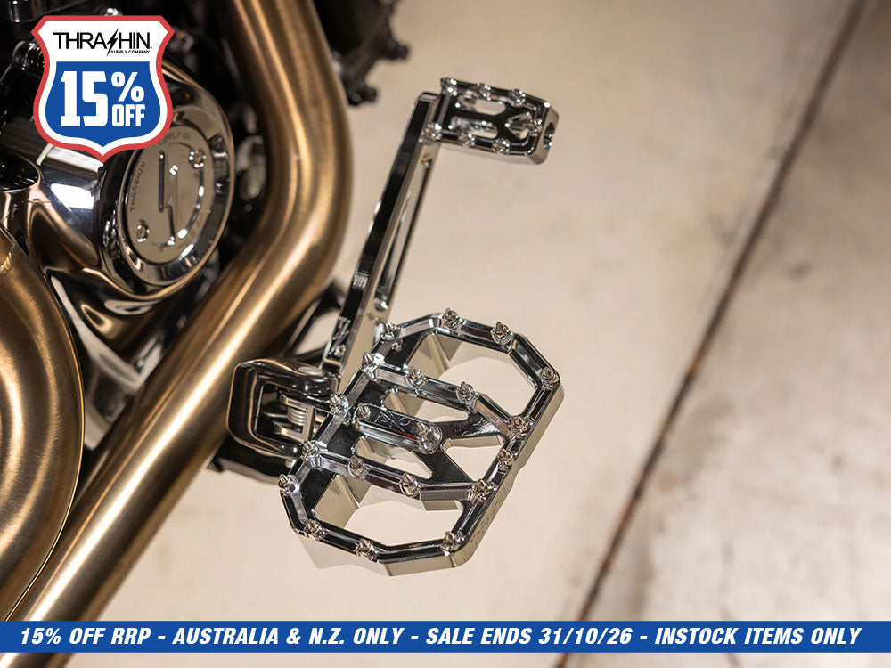 Aggressor Mini Floorboards - Chrome. Fits Softail 2018up Front Rider