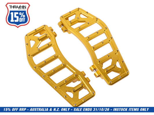 Aggressor Rider Floorboards - Gold. Fits Touring 1980up, FL Softail 1986-2017 & Dyna Switchback 2012-2016