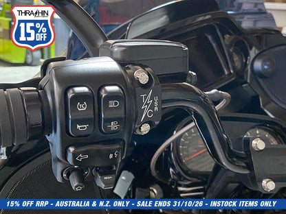 OG Clutch & Brake Perch Clamp - Twice Cut Black. Fits Softail 1984-2024, Dyna 1991-2017, Most Touring 1982-2024, Sportster 1982-2003 & FXR 1982-1994