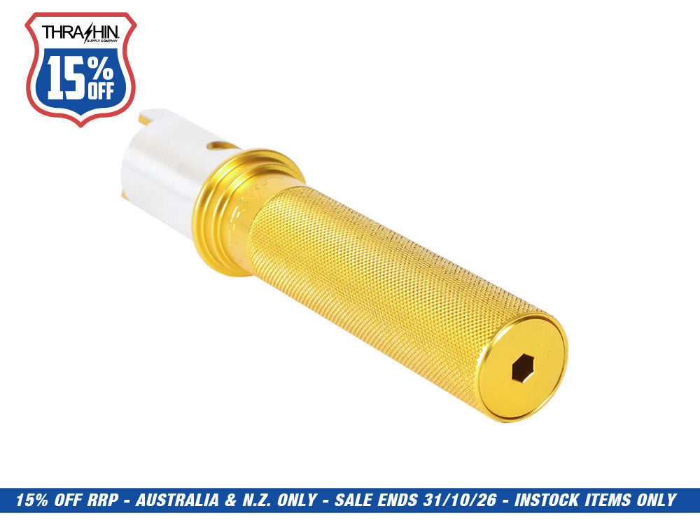 Thrashin Gold Billet Throttle Sleeve. Fits CVO Touring 2023up, Street Glide & Road Glide 2024up, Touring 2025up & Softail 2025up