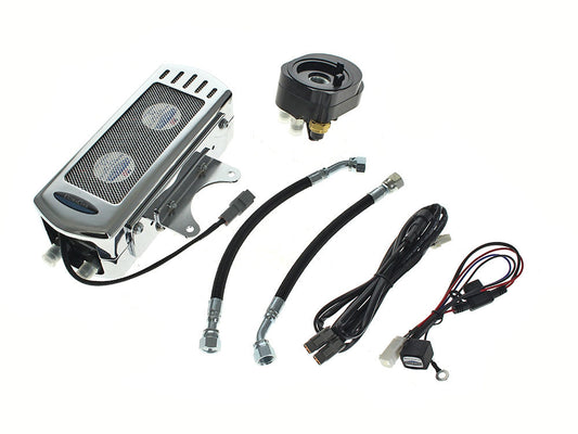 Fan Assisted Side Mount Oil Cooler Kit - Chrome. Fits Touring 1992-2008 and FXR 1992-1994