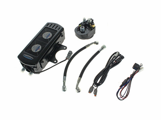 Fan Assisted Side Mount Oil Cooler Kit - Gloss Black. Fits Touring 1992-2008 and FXR 1992-1994