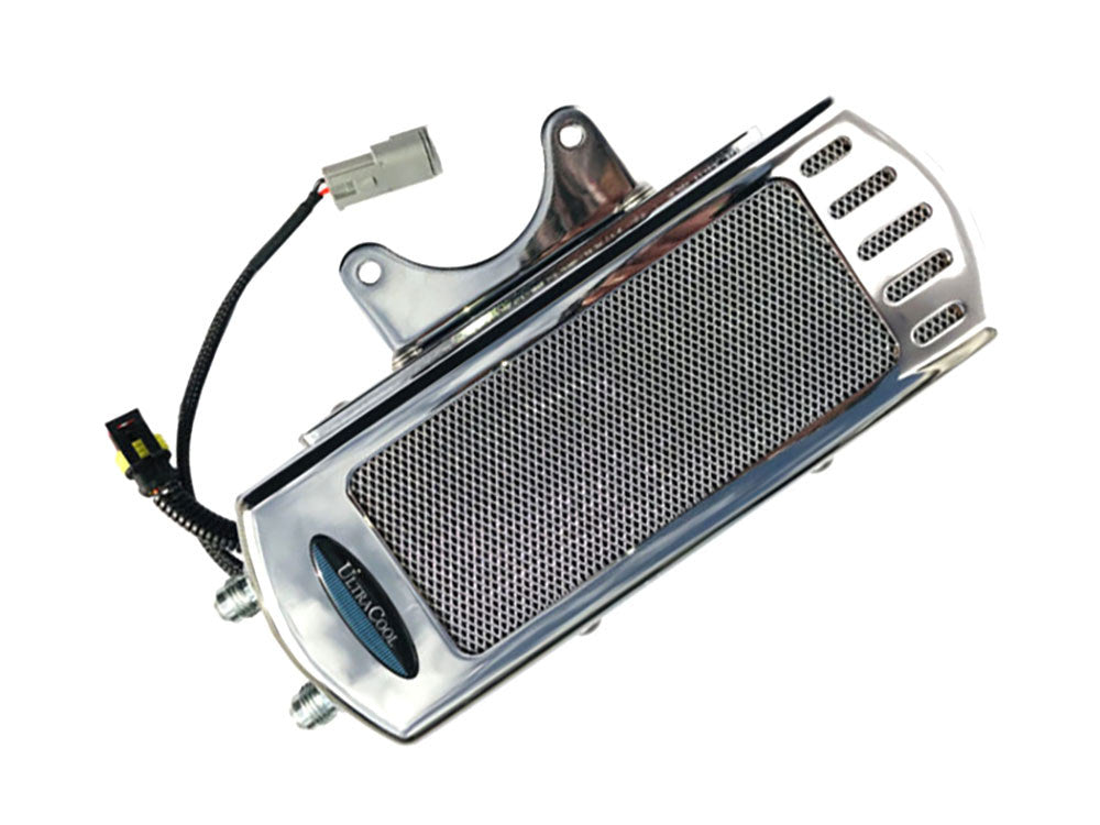 Fan Assisted Side Mount Oil Cooler Kit - Chrome. Fits Touring 2017-2024 with Harley-Davidson Full Size Engine Guard