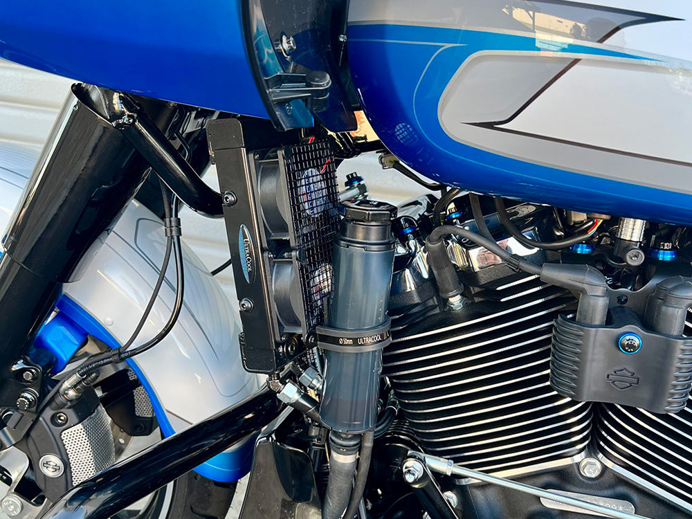 Fan Assisted Side Mount Oil Cooler Kit - Gloss Black. Fits CVO Touring 2023up, Street Glide & Road Glide 2024up, Touring 2025up