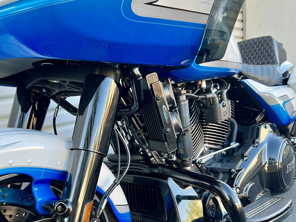 Fan Assisted Side Mount Oil Cooler Kit - Gloss Black. Fits CVO Touring 2023up, Street Glide & Road Glide 2024up, Touring 2025up