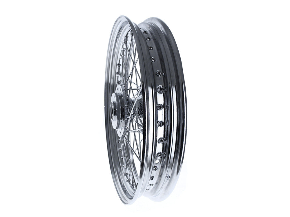 19in. x 2.50in. Front 40 Spoke Cross Laced Wheel - Chrome. Fits Narrow Glide Dyna 2000-2005 & Sportster 2000-2007