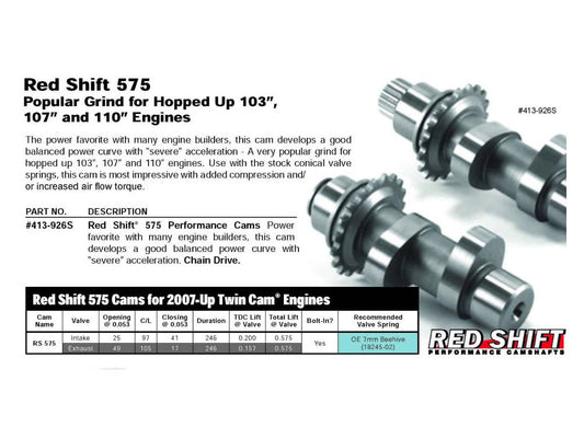 Red Shift 575 Chain Drive Camshaft Set. Fits Twin Cam 2007-2017.